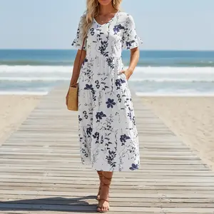 Versatile Casual Loose Midi Dress - V-Neck Short Sleeve Layered Floral Dress with Pockets | 2026 Summer Comfy Lightweight Breathable Flowy Boho Elegant Flowers Womenswear | Ideal for Work & Everyday Wear