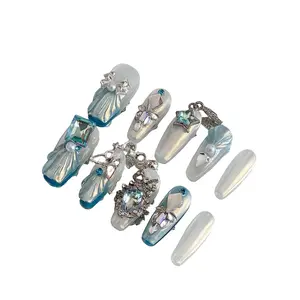 10 Pieces Acrylic Press on Nails, Fake Nails, Dreamy Princess-Style Manicure, Fashionable Rhinestone Decorated, Blue and Gradient with Rhinestones and Pearls