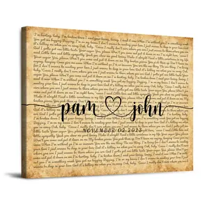 Custom Song Lyrics Photo or Canvas Prints with Couple's Names and Special Date on old paper texture style,Perfect Present for Anniversary,Wedding,Birthday,Holidays