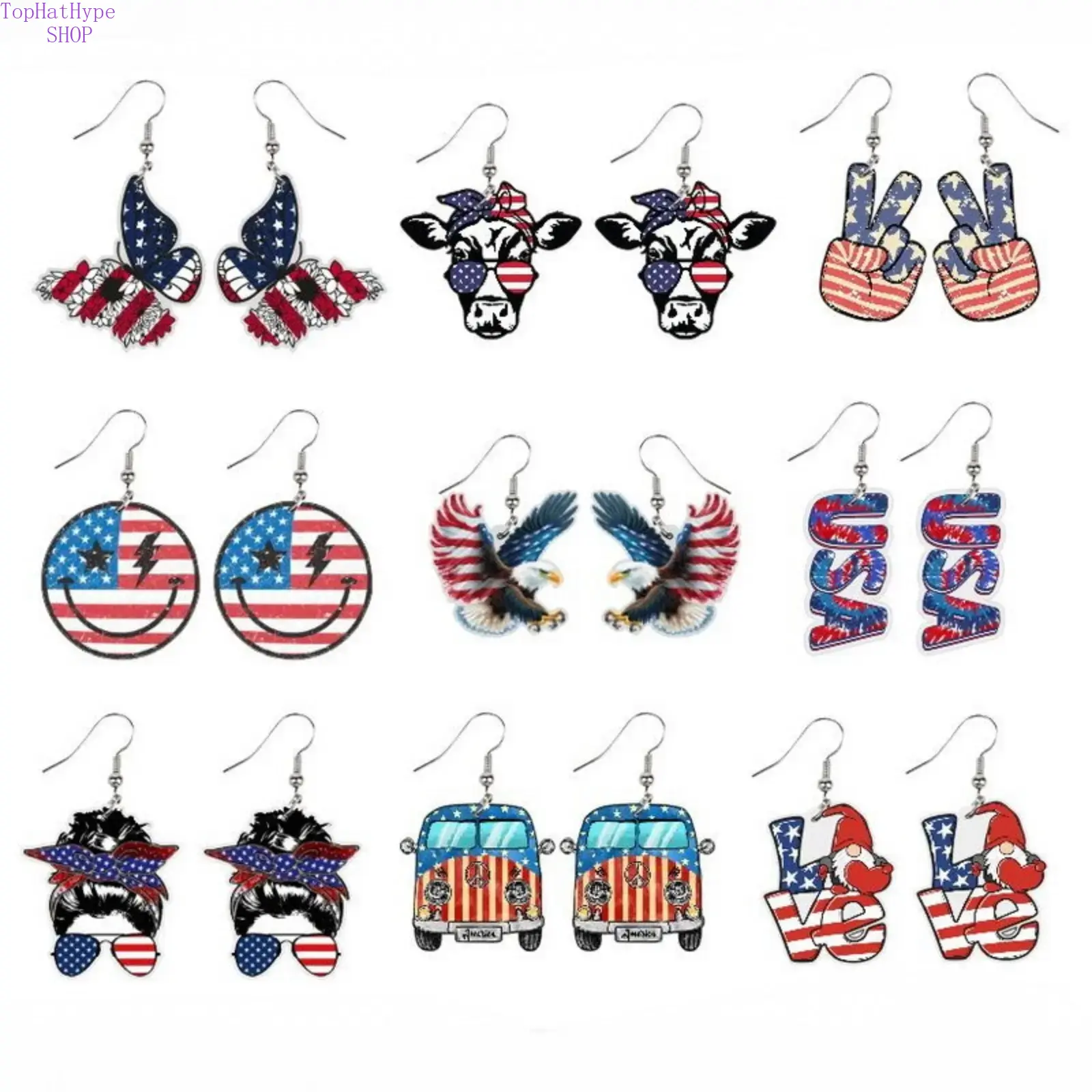 Patriotic Dangle Earring Set for Female, Independence Day Holiday Jewelry with American Flag, Eagle, Heart & Cow Print Pendants for Festival Parties