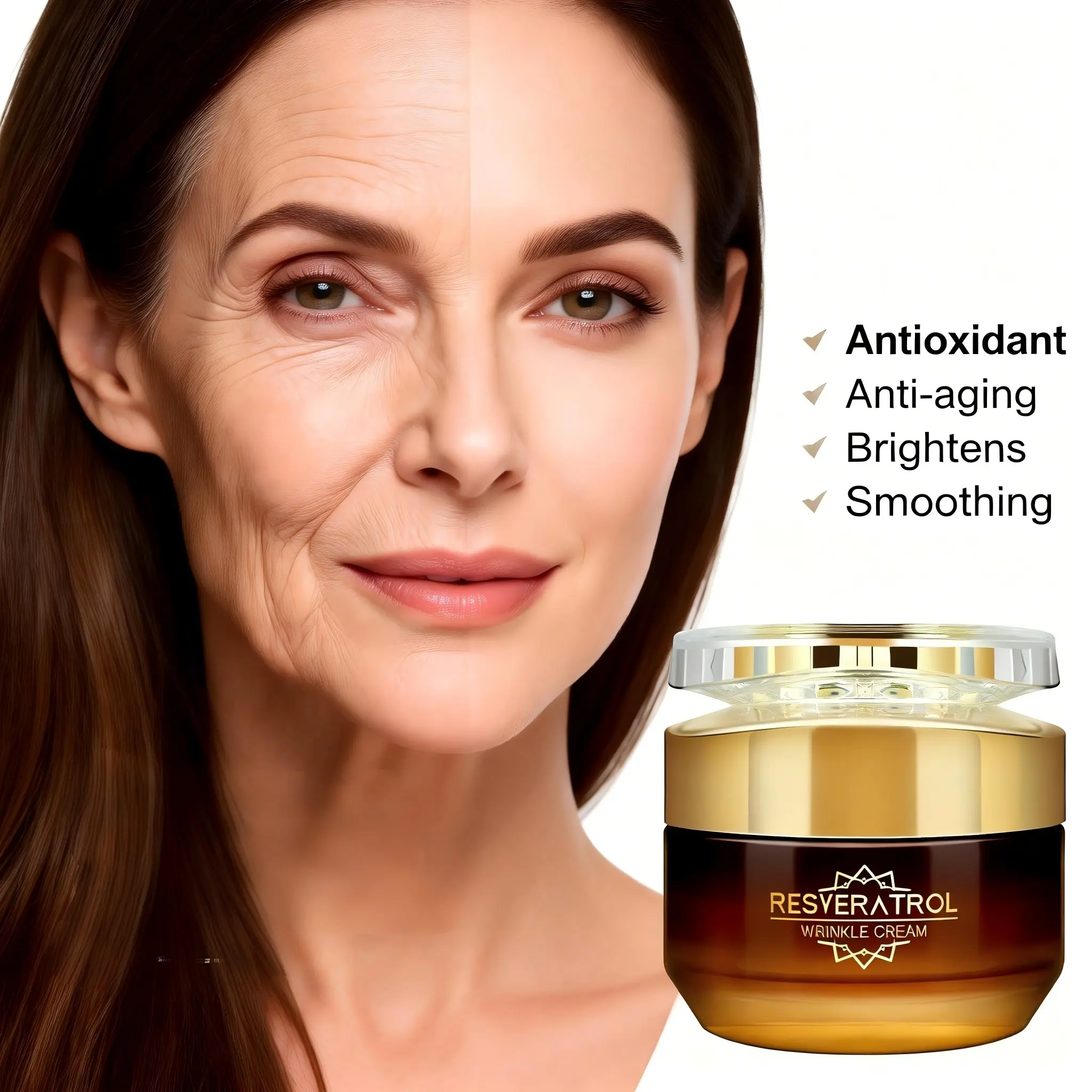 Resveratrol Anti-Wrinkle Cream, Firming Repair, Face Skin Repairing, Deep Wrinkle Cream, Restore Elasticity, Day & Night Use, Fades Fine Lines, Suitable for All Skin Types, Deep Moisturizing, 50g