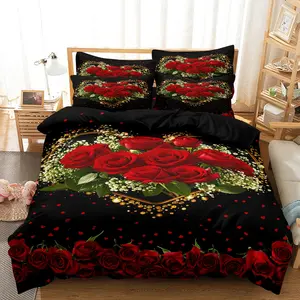 3pcs Duvet Cover Set, Valentine'S Day Romantic Imitation Rose Flowering Plant Print Bedding Set, Soft Comfortable Decorative Duvet Cover, For Bedroom, Guest Room (1*Duvet Cover + 2*Pillowcase, Without Core)