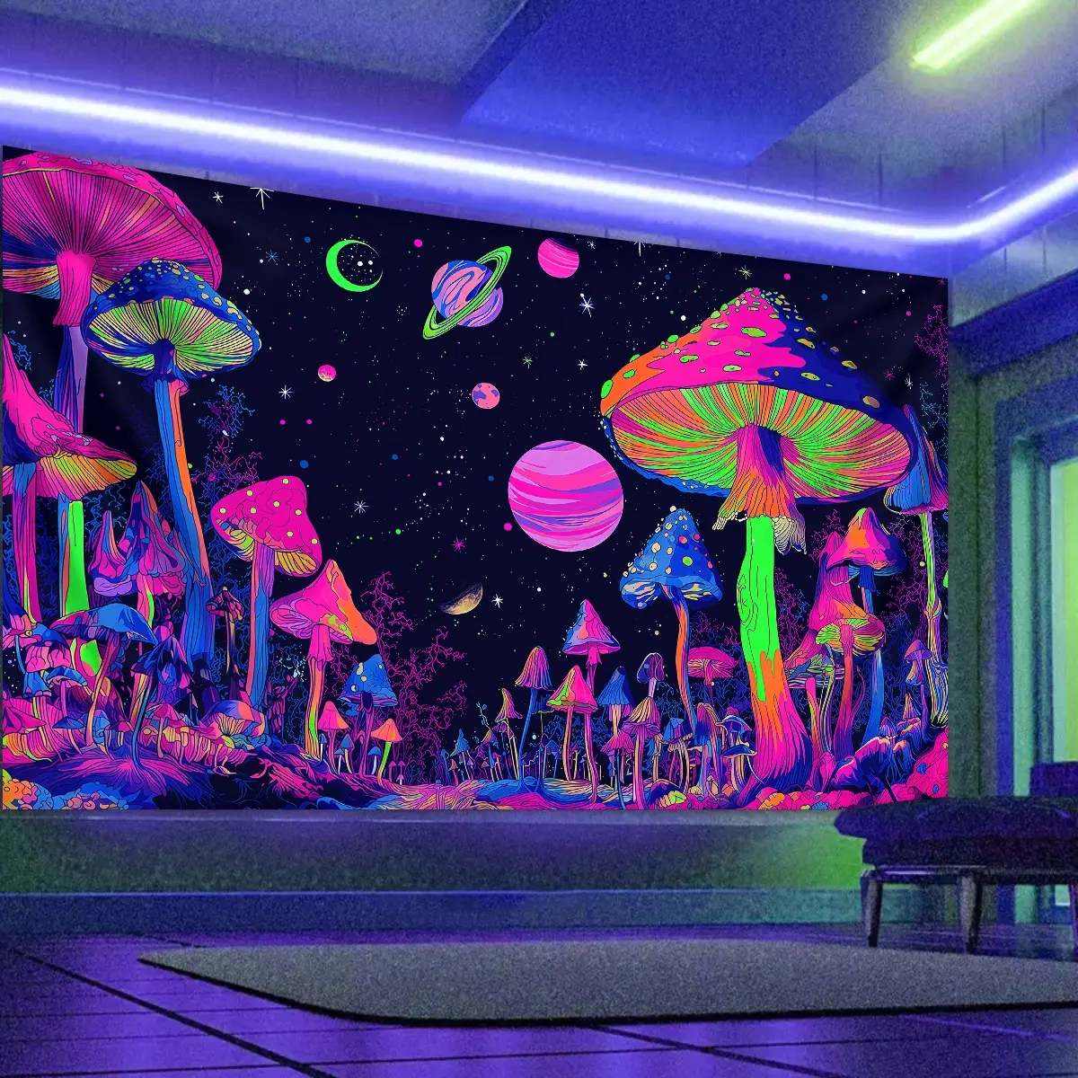 1pc Mushroom fluorescent tapestry, UV tapestry, Wall Tapestries, vibrant psychedelic galaxy planet and neon effect mushroom hanging wall decoration, perfect art style large tapestry for living room decoration, Funny Tapestry