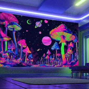 1pc Mushroom fluorescent tapestry, UV tapestry, Wall Tapestries, vibrant psychedelic galaxy planet and neon effect mushroom hanging wall decoration, perfect art style large tapestry for living room decoration, Funny Tapestry