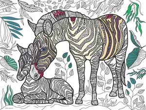 Large Zebra and Calf Coloring Poster – Animal Art for Kids and Adults | DIY Stress Relief Coloring Poster