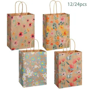 12/24-Pack Vintage Wildflower Paper Gift Bags — Handled Wildflower-Print Snack Bags, Shopping Bags, and Candy Treat Bags; Ideal for Spring Parties, Baby Showers, and Wedding Gatherings, Gift Wrapping Supplies, Party Gift