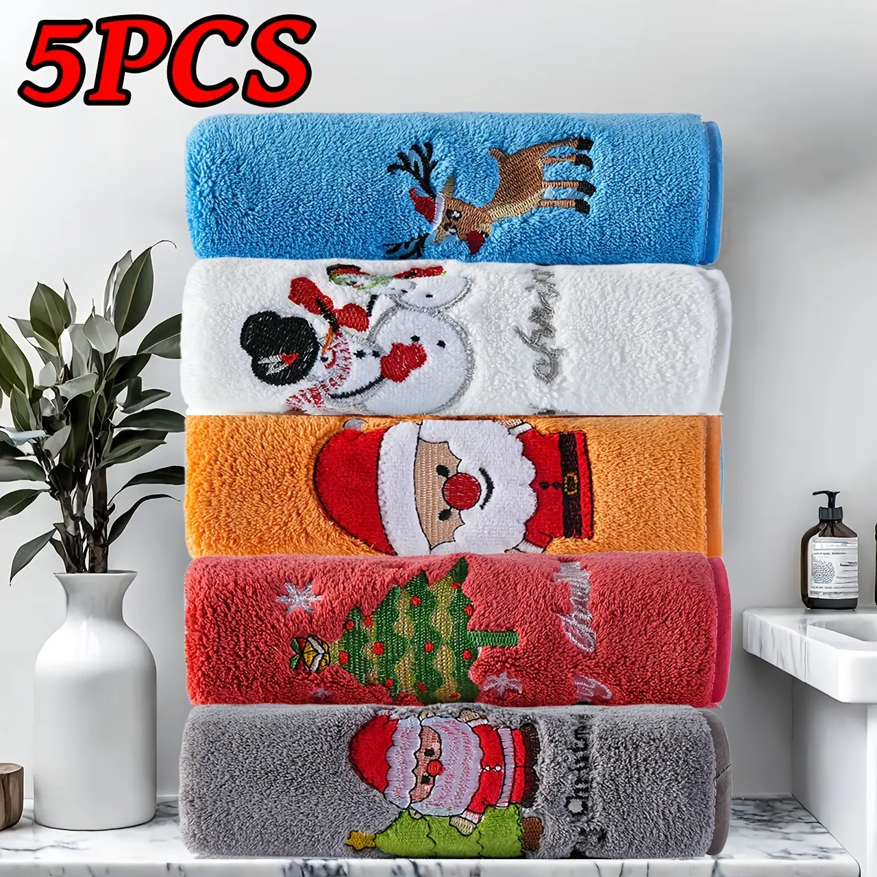 5pcs Christmas Coral Fleece Towel Set, Embroidered with Snowman, Christmas Tree, And Reindeer Patterns. This Festive Towel Set Is Perfect for Christmas And an Ideal Choice for Couple'S Bathrooms And Holiday Gifts