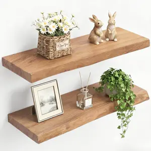 24 Inch Floating Shelves Set of 2, Solid Elm Wood Rustic Live Edge Wall Decor Shelves - Invisible Bracket Mount for Living Room, Kitchen, Bathroom, Natural.