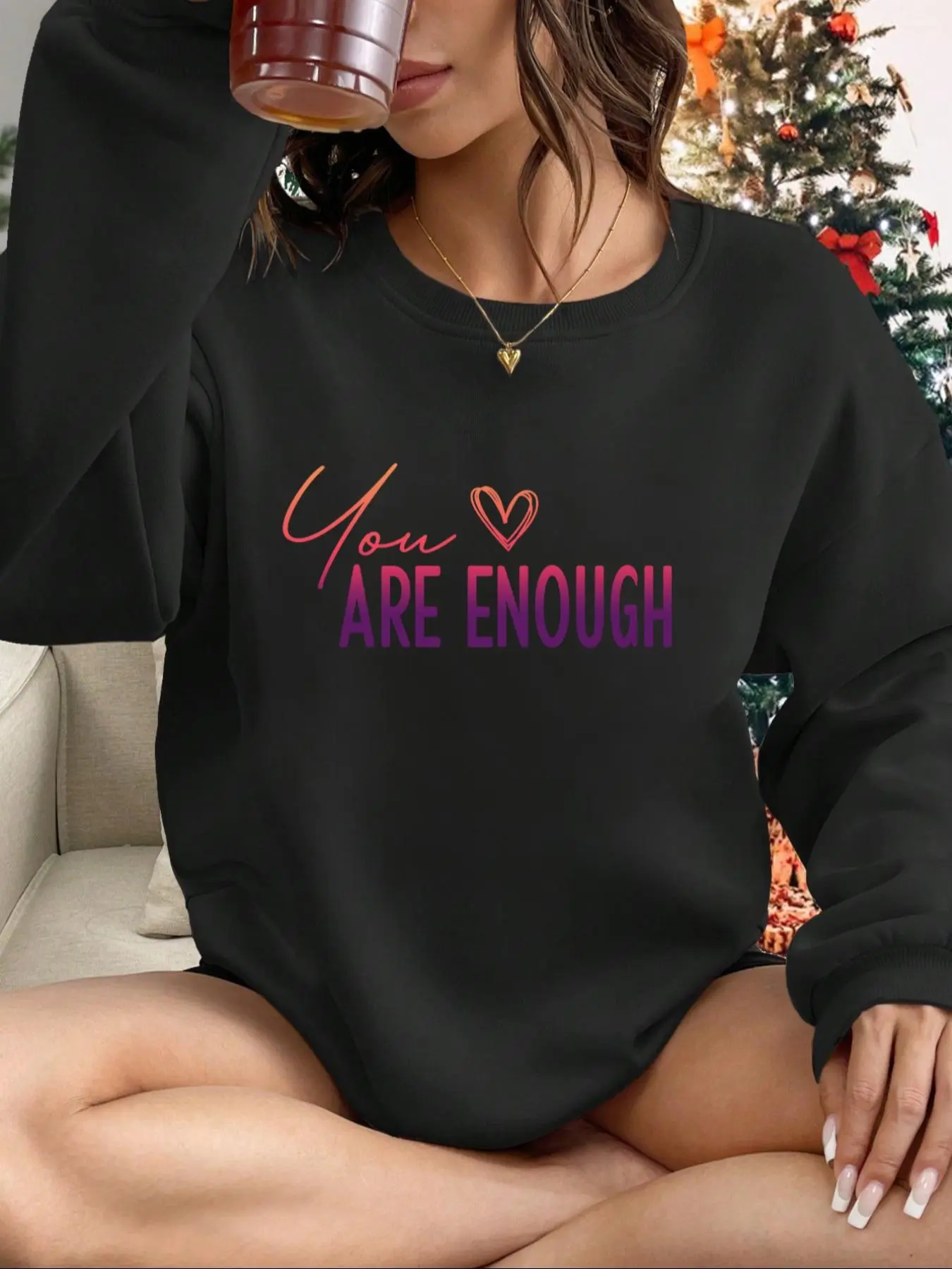 Women's Heart & Letter Print Drop Shoulder Sweatshirt, Casual Long Sleeve Round Neck Pullover for Fall & Winter, Women's Clothes for Daily Wear