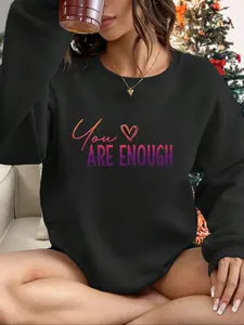 Women's Heart & Letter Print Drop Shoulder Sweatshirt, Casual Long Sleeve Round Neck Pullover for Fall & Winter, Women's Clothes for Daily Wear