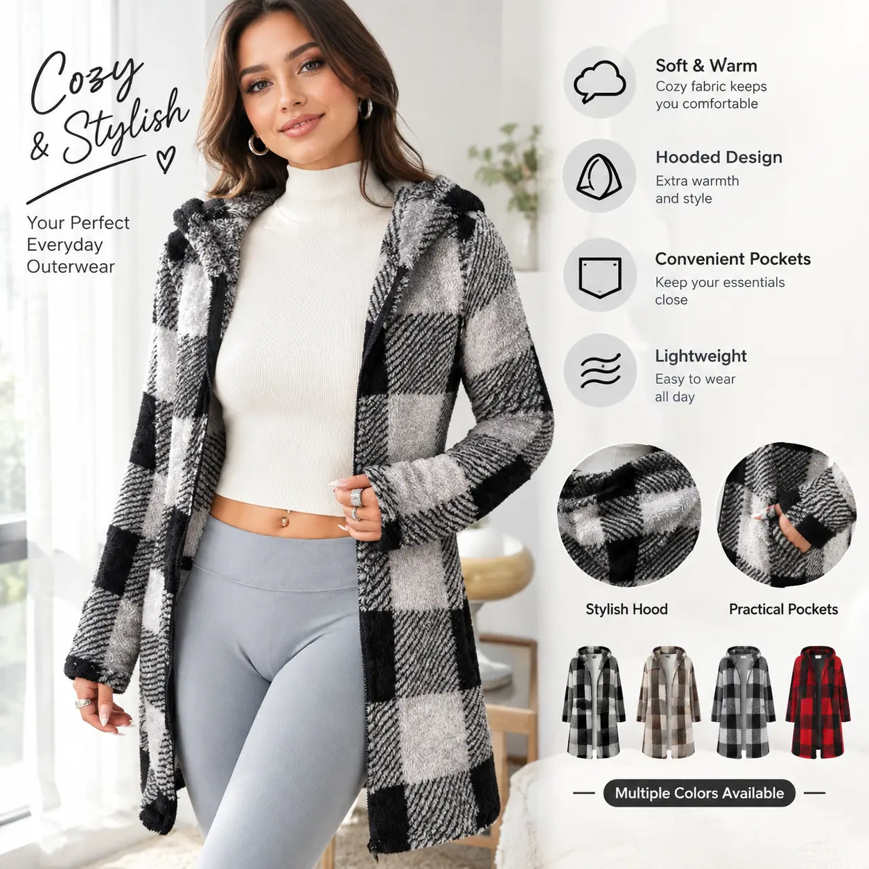 Women’s autumn/winter plush plaid color-block hooded jacket, mid-length warm zip-up outerwear, soft and comfortable casual versatile coat for everyday commuting and outdoor wear