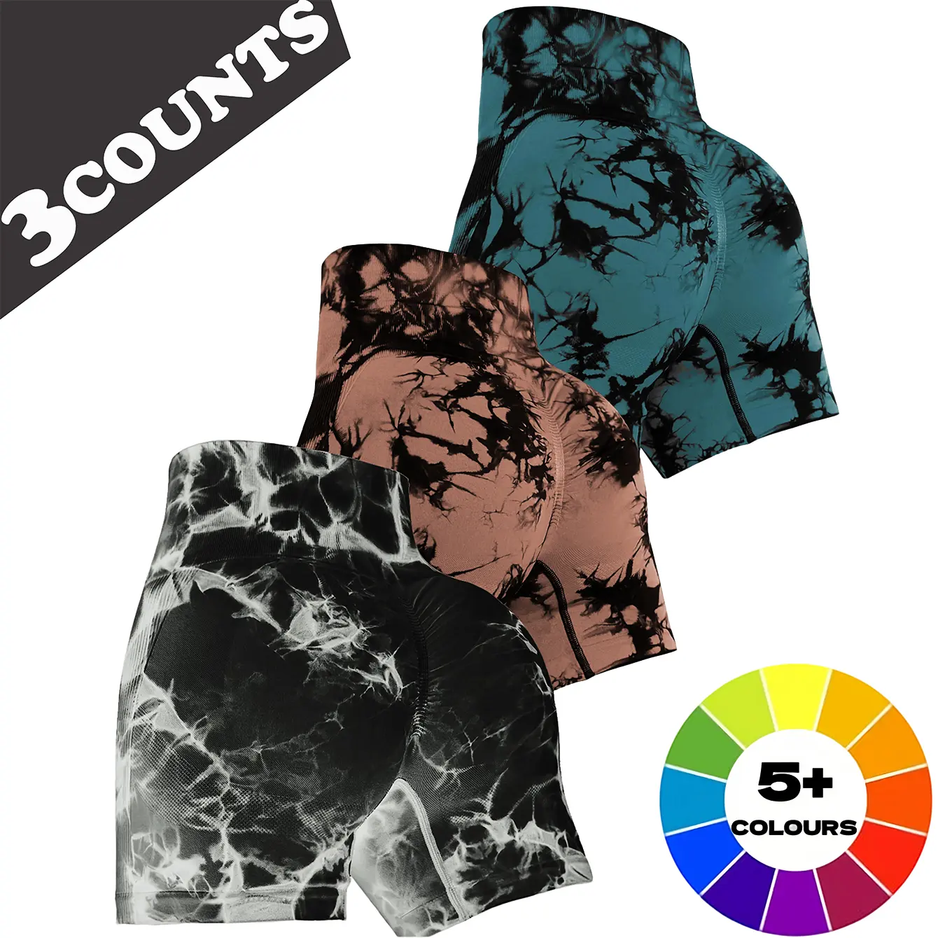 3-Piece Set of High-Waisted, Tummy-Tucking, Side-Seam, Butt-Lifting, Seamless Tie-Dye Shorts; Lightweight Summer Shorts; Stretchy Women's Tie-Dye Shorts,summerwins