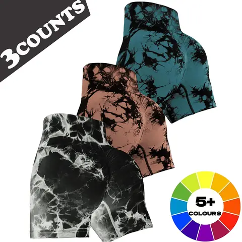 Women's Tight Seamless Tie-Dye High-Waisted Sports Shorts - Butt Lifter, Tummy-Tucking, Quick Dry, Lightweight Plus Size for Yoga, Running