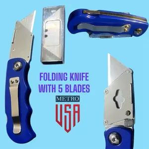Folding Utility Knife with Quick Change Blade, Back-lock Mechanism with 5 Extra Blades, grip handle, folding lock back for safety