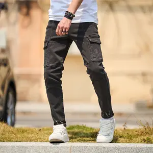 New Men Streetwear Stylish Multi pocket Slim Jeans Pants Male Solid Casual Cargo Pencil Denim Trousers