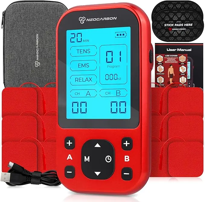 Unit Muscle Stimulator Pro for Back Pain Relief, Shoulder Recovery and Physical Therapy, Electronic EMS Massager Machine with PMS Pulse for Effective Shock Therapy, Red