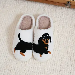 Women's Dachshund Plush Slippers Winter Indoor Warm Soft Fleece Lining TPR Sole Non Slip Cute Dog Pattern House Shoes Unisex