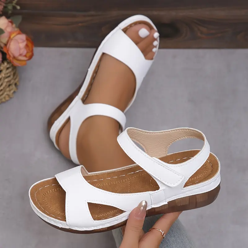 YYW1 Women's Casual Wedge Walking Shoes - Open Toe, Ankle Strap, PU Synthetic Cover, Arch Support, Comfortable Beach Wear for Casual Walk, Light Brown-1