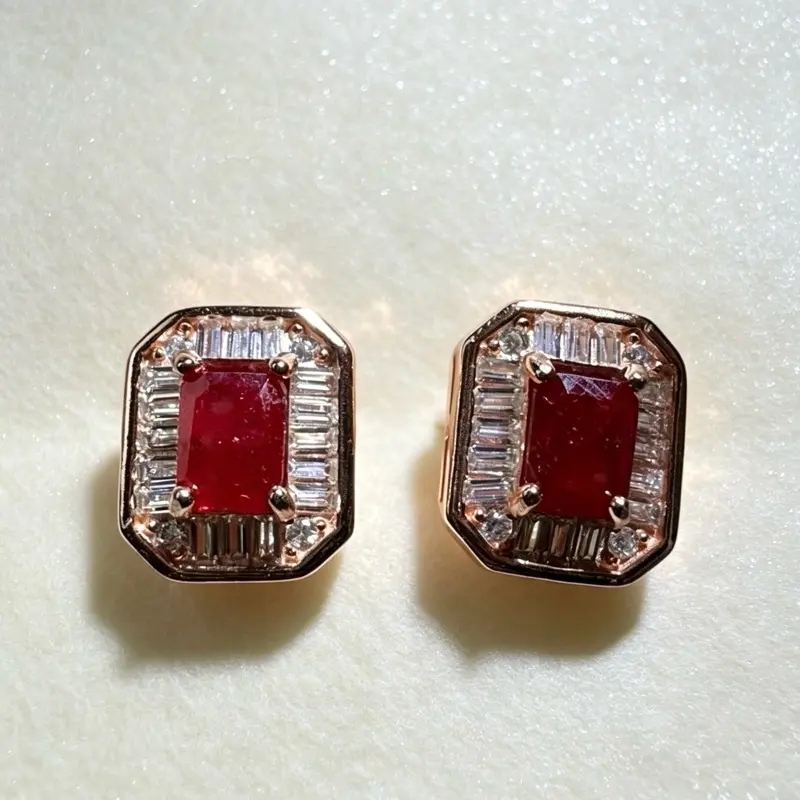 <PingEast Jewelry> Square-Cut Ruby Stud Earrings ️  Featuring 0.5 ct emerald-cut natural Burmese ruby from the renowned Mogok region, these elegant stud earrings showcase the coveted pigeon blood red color