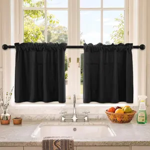 Small Check Kitchen Curtain 24 Inches Long, Fleece Cafe Curtain for Small Window  in Living Room, Basement, RVs, Cabinets, 2 Panels, W30 X L24 Inch, Black