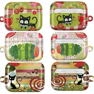 Whimsical Cat & Caterpillar AirPods Case, Cute Pastel Plaid Stripe Cover, AirPods Pro/Pro 2, AirPods 1/2/3/4 Case, Kawaii Gift Idea