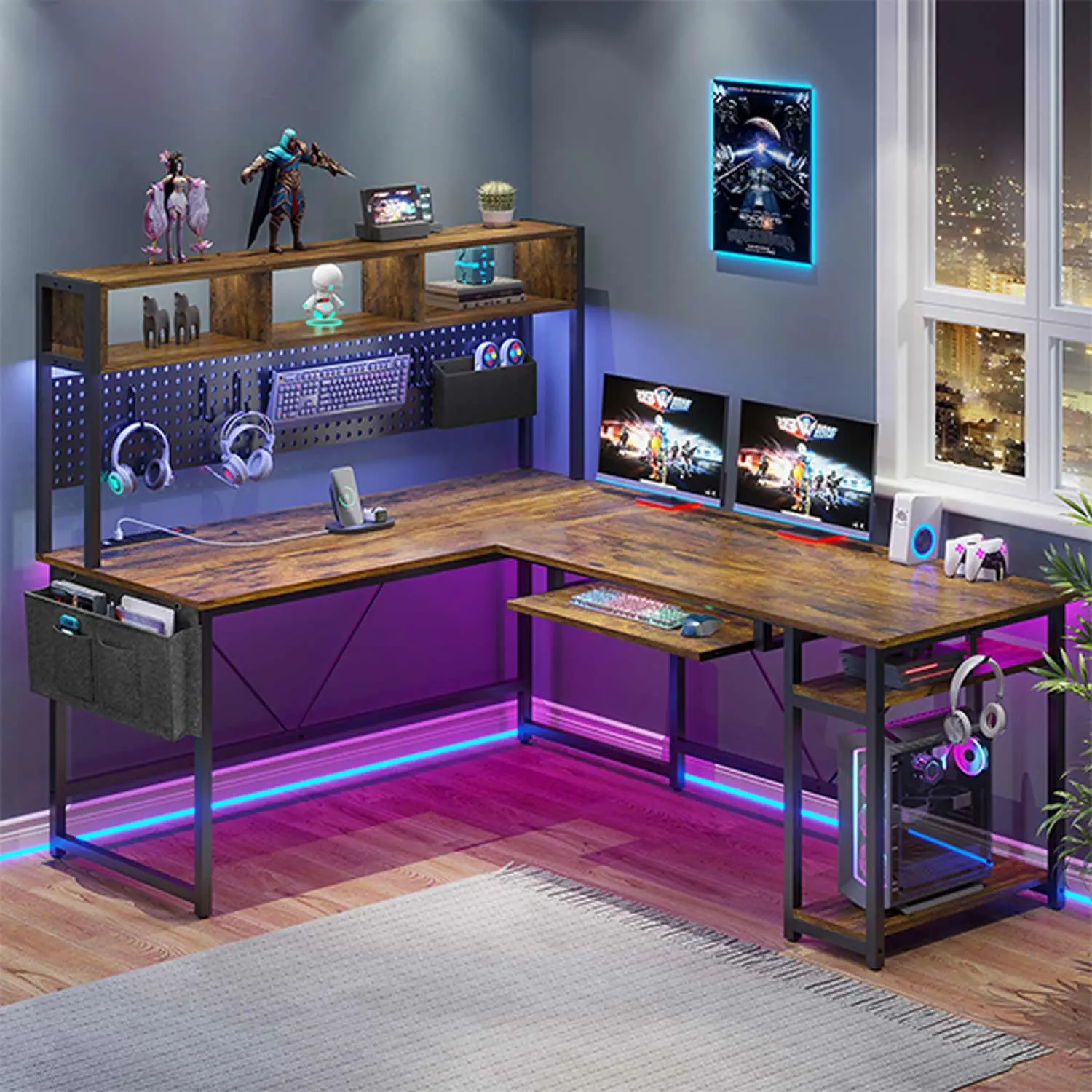 SIKAIC L-Shaped LED Gaming PC Desk - Reversible Corner Home Office Furniture, Desk Workstation, Computer Working Station, Man Cave Furniture (Rustic Brown)