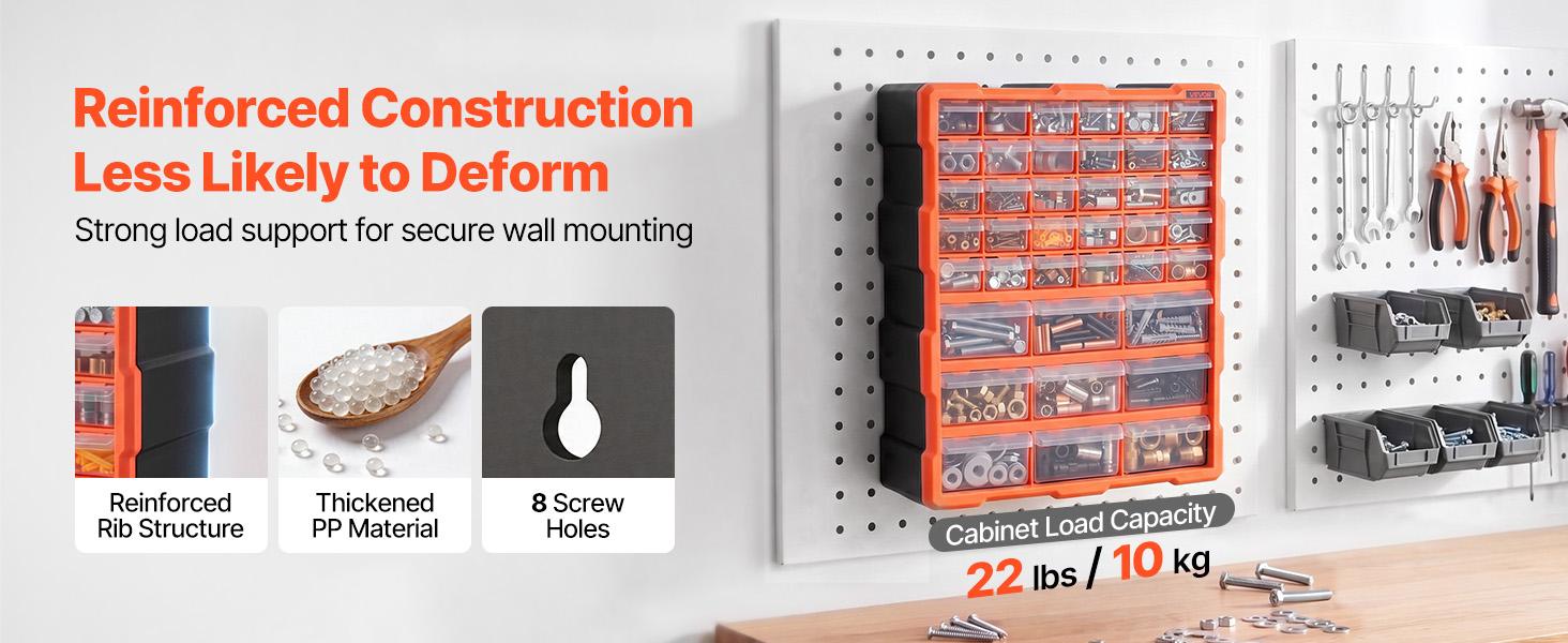 VEVOR Reinforced 39-Drawer PP Material Tool Box with Drawers, Wall-Mounting Stackable Hardware Sorter with Slots, Anti-Drop Stops & Detachable Dividers, DIY Tool Hub for Crafters’ Small Items, Thermal Label Stickers Compatible