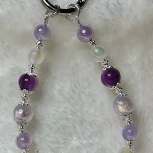 Handmade Keychain or Phone Charm with Purple and White Beads and Silver Accents