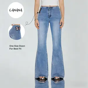CANANA Butterfly Lace High Rise Flared Jeans Women Mid Blue Wash Denim SH25F04 Spring denim Statement