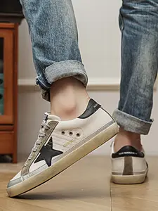 Men's Vintage Starry Leather Sneakers, Breathable Mesh Retro Board Shoes, Distressed Dirty Style, Spring Summer 2026 Fashion