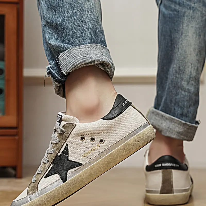 Men's Vintage Starry Leather Sneakers, Casual Trendy Trainers, Breathable Mesh Retro Board Shoes, Distressed Dirty Style, Spring Summer 2026 Fashion