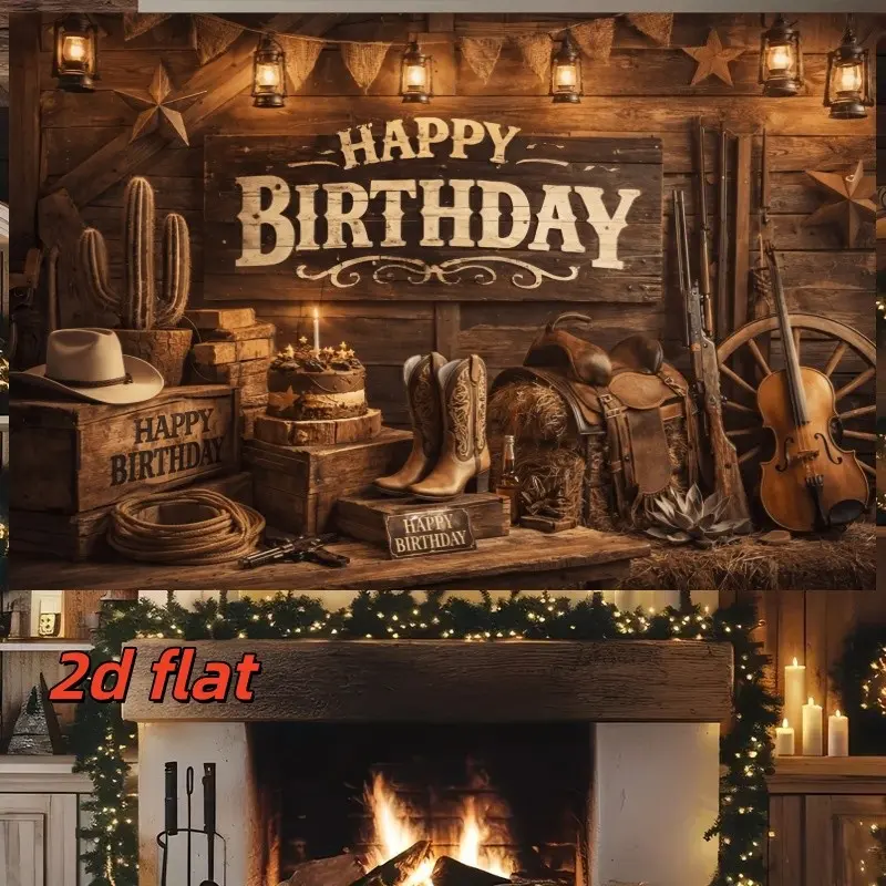 2D Flat 1PC Polyester Western Cowboy Happy Birthday Backdrop Rustic Cabin Decor for Indoor & Outdoor Birthday Party, Countryside Gathering, Photo Booth, Wall Decor, Home Decoration, Event Background, Available in Multiple Sizes