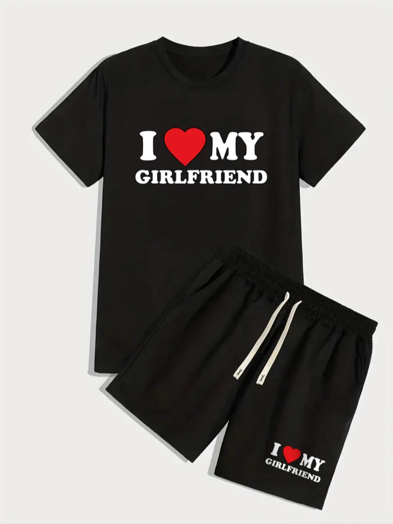 Two-Piece Set Men's "I Love My GF" Slogan Heart Graphic Print Shorts Set, Short Sleeve T-Shirt & Track Shorts, Casual Fashion Breathable Men Two-Piece Outfits