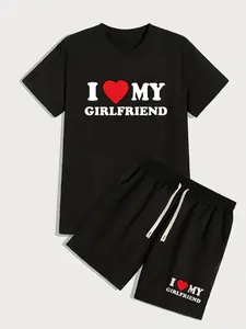 2 Pieces Two-piece Set Men's "I Love My GF" Slogan Graphic Shortsleeve Tee & Drawstring Shorts Suits, Jersey, Mens Clothing, Regular Fit Crewneck T-shirt & Shorts, Outfit Sets for Men, Casual Summer Sets