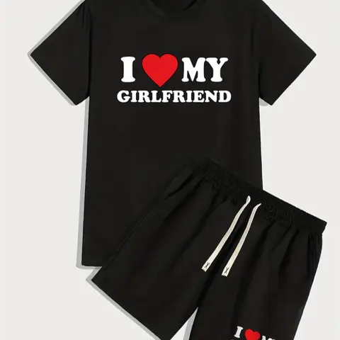 Two-Piece Set Men's "I Love My GF" Slogan Heart Graphic Print Shorts Set, Short Sleeve T-Shirt & Track Shorts, Casual Fashion Breathable Jersey Men Two-Piece Outfits