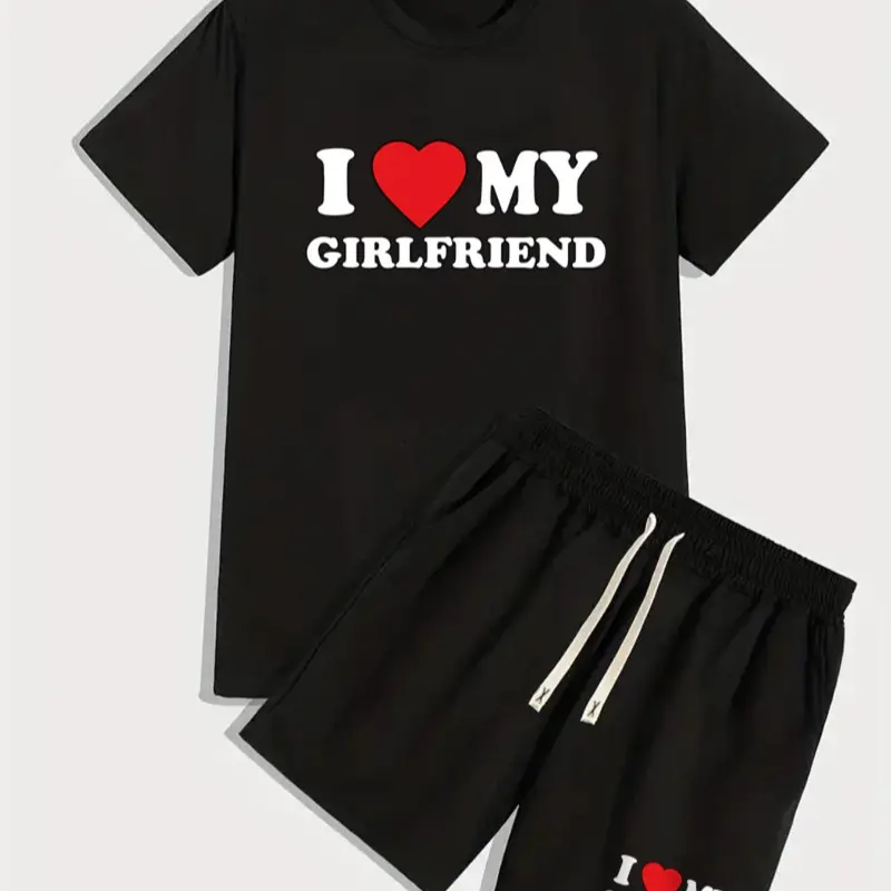 Two-Piece Set Men's "I Love My GF" Slogan Heart Graphic Print Shorts Set, Short Sleeve T-Shirt & Track Shorts, Casual Fashion Breathable Jersey Men Two-Piece Outfits