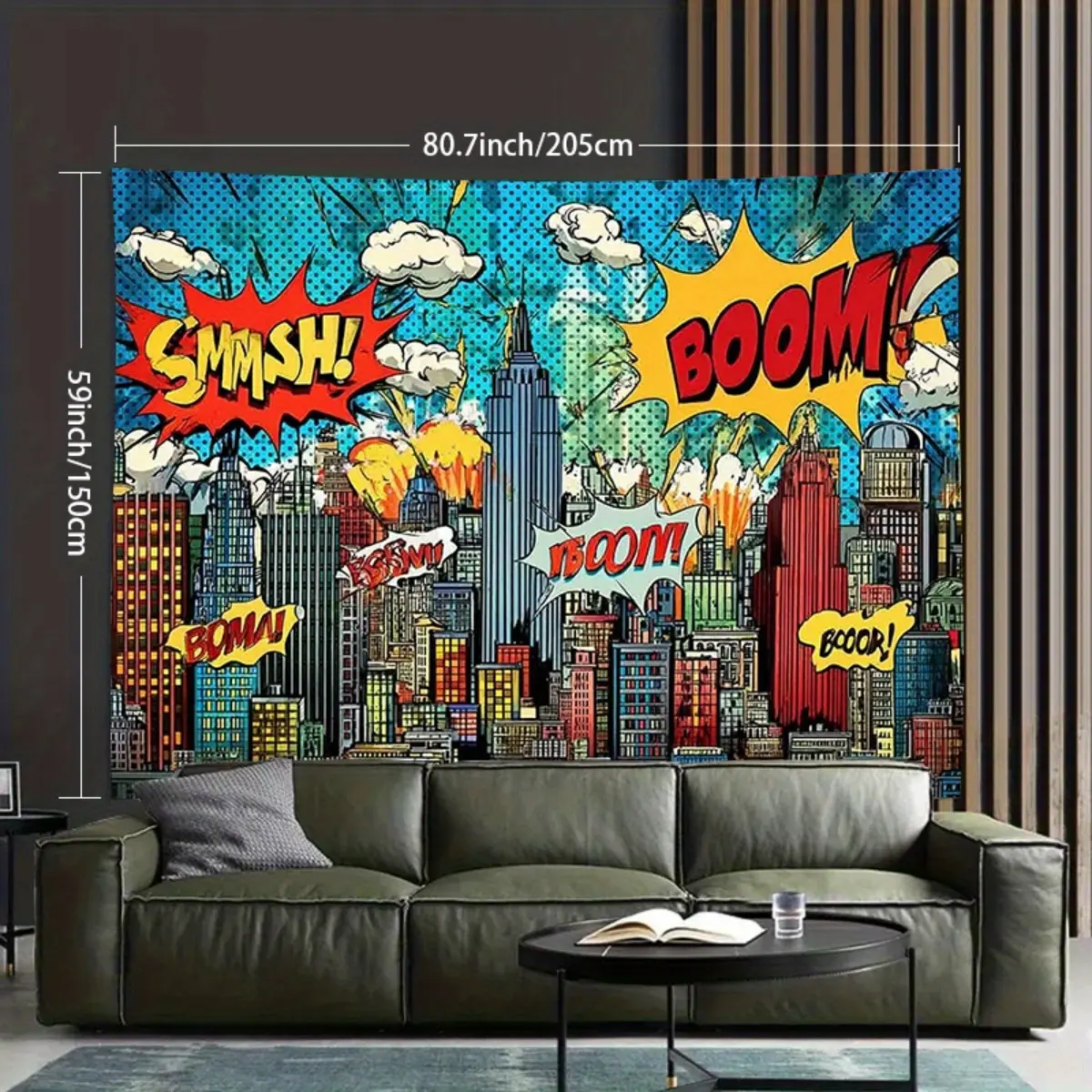 1pc 2D Flat, 2D Flat Superhero Theme Party Background Cloth- Comic City Scenery "WOW!" and "BOOM! "Design, Extra Large Banner, Suitable for Parties, Photography Wall Decoration, Festival Garden Courtyard Decoration, Home Decoration, Indoor and Outdoor