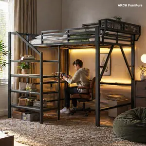 Sturdy All-Steel Elevated Full Size Metal Bed Frame - Foldable Desk, USB Port Charging Station, LED Light Strip, Staircase Storage Compartment, Mesh Rail, 83.6" x 55.8" x 73.4" - Modern Kids Bedroom Furniture (Patented, Expected Arrival Date 2026/4/10)