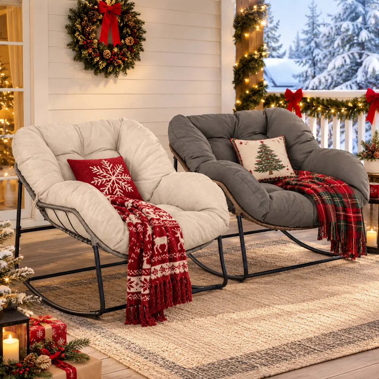 RIWENGO 2-pcs Grand patio Outdoor Rocking Chair,Indoor Egg Rocking Chair with Thick Cushion with Adjustable Backrest for  Backyard, Balcony, Living Room(Grey) Summervibes