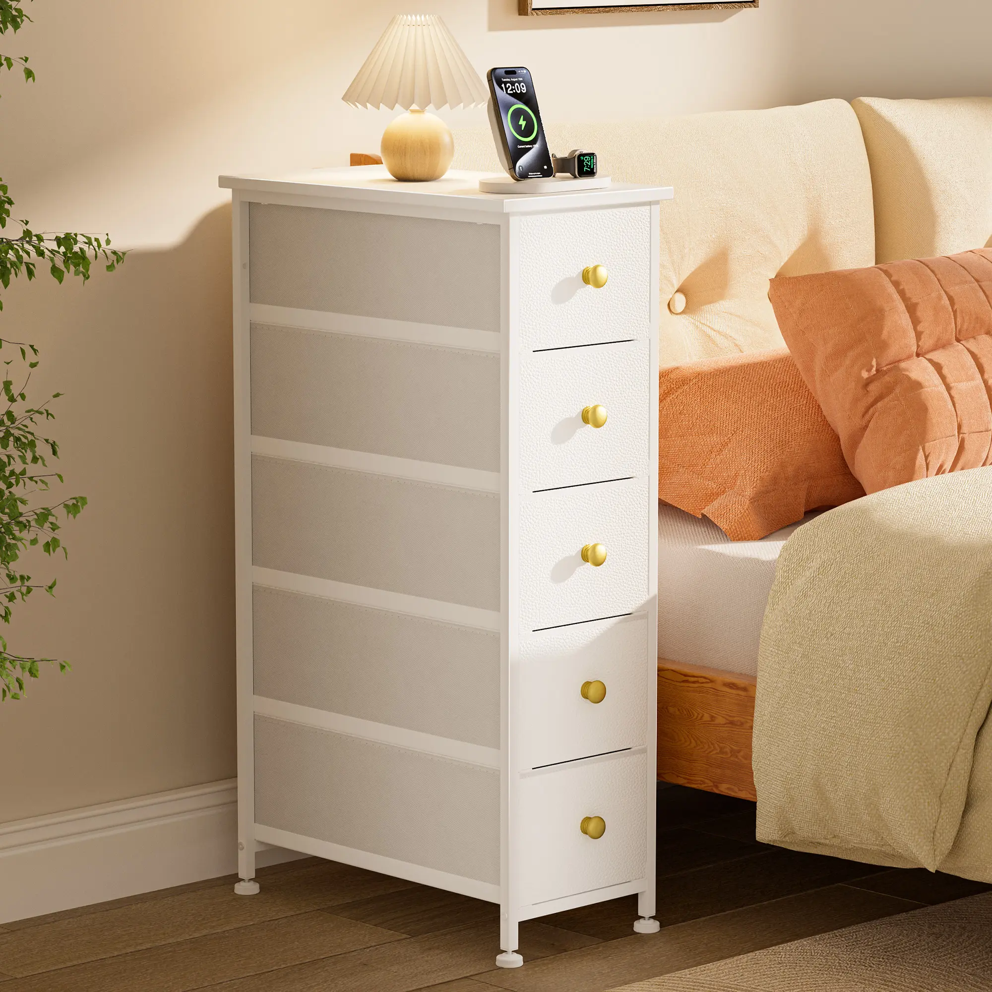 Tall 5-Drawer Fabric Dresser, Narrow Storage Tower Cabinet with Wooden Top, Steel Frame, Gold-Tone Knobs for Bedroom, Small Spaces, White, 49×25.5×88.5 cm