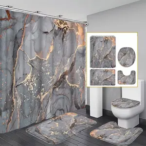 1/4pcs  Luxurious Marble Pattern Shower Curtain Set, Non-Slip Rug, U-Shaped Carpet, Toilet Lid Cover, Perfect for Bathroom Decor, Restroom, Includes 12 Hooks
