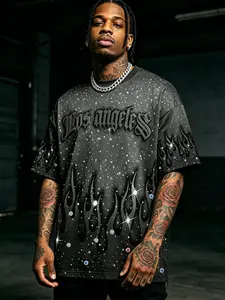 Men's New Rhinestone Flame Print T-Shirt, Asymmetrical Long Tee, Casual Y2K Street Style, Perfect for Music Festivals & Street Photography
