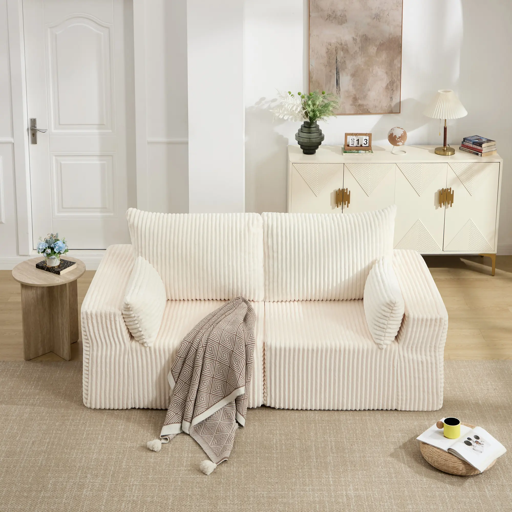 Tbfit Boneless Cloud Modular Loveseat Sleeper Sofa - 2-Seater Corduroy Comfy Couch with Angled Armrests, Oversized Deep Seat, Polyurethane Foam, No-Assembly Durable Traditional Indoor Living Room Furniture for Watch Parties, White