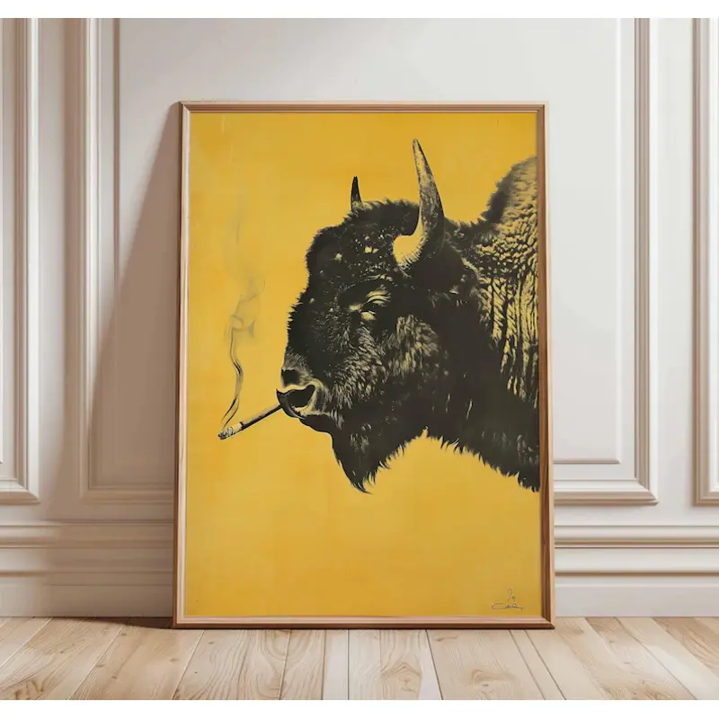 Smoking Bison Poster - Lightweight Retro  -Friendly   Artistic     Print, Quirky Buffalo Wall Art, Bold Yellow Western Animal  ation, Minimalist Bedroom Statement