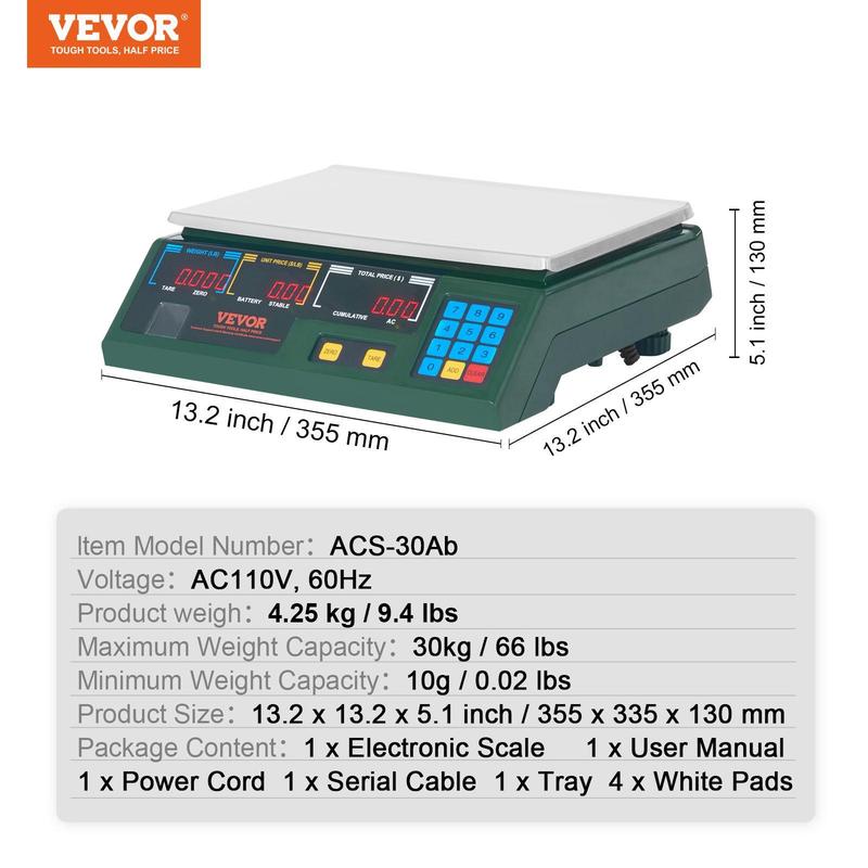 VEVOR Electronic Price Computing Scale,  , 66 LB Digital Deli Weight Scales, LED Digital Commercial Food Fruit Meat Produce Counting Weight, for Retail Outlet Store, Kitchen, Restaurant Market, Farmer