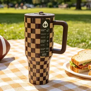 Hydrojug 40oz Brown Checkerboard Insulated Tumbler - Drinkware Perfect for Fall/Winter Commute & Office Use daily life drinkcup with straw gift elegant valentine racing water bottle easydrinking girl large capacity holiday