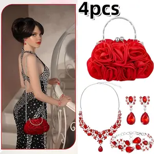 Set of 4 Women Rose Clutch Purse Rose Jewelry Set Evening Handbag Detachable Necklace Earrings Bracelet for Wedding Gifts Halloween