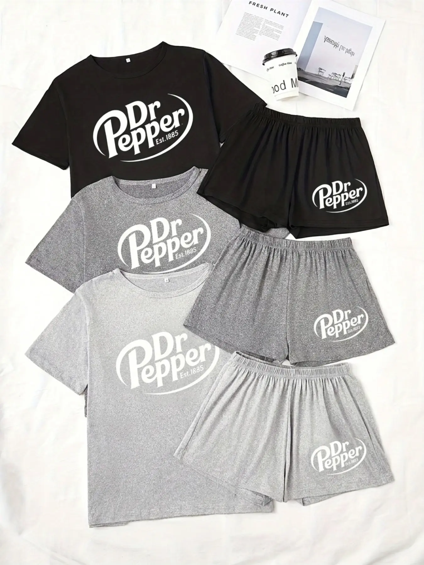 Three-Piece Pajama Set for Women, Short Sleeve and Shorts, Pepper Doctor Logo Print, Casual Loose-Fitting Sleepwear, Loungewear, Lounge Pajamas, Pjs, Pajama Clothes, Womenswear