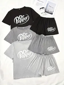 Three-Piece Pajama Set for Women, Short Sleeve and Shorts, Pepper Doctor Logo Print, Casual Loose-Fitting Sleepwear, Loungewear, Pjs, Womenswear
