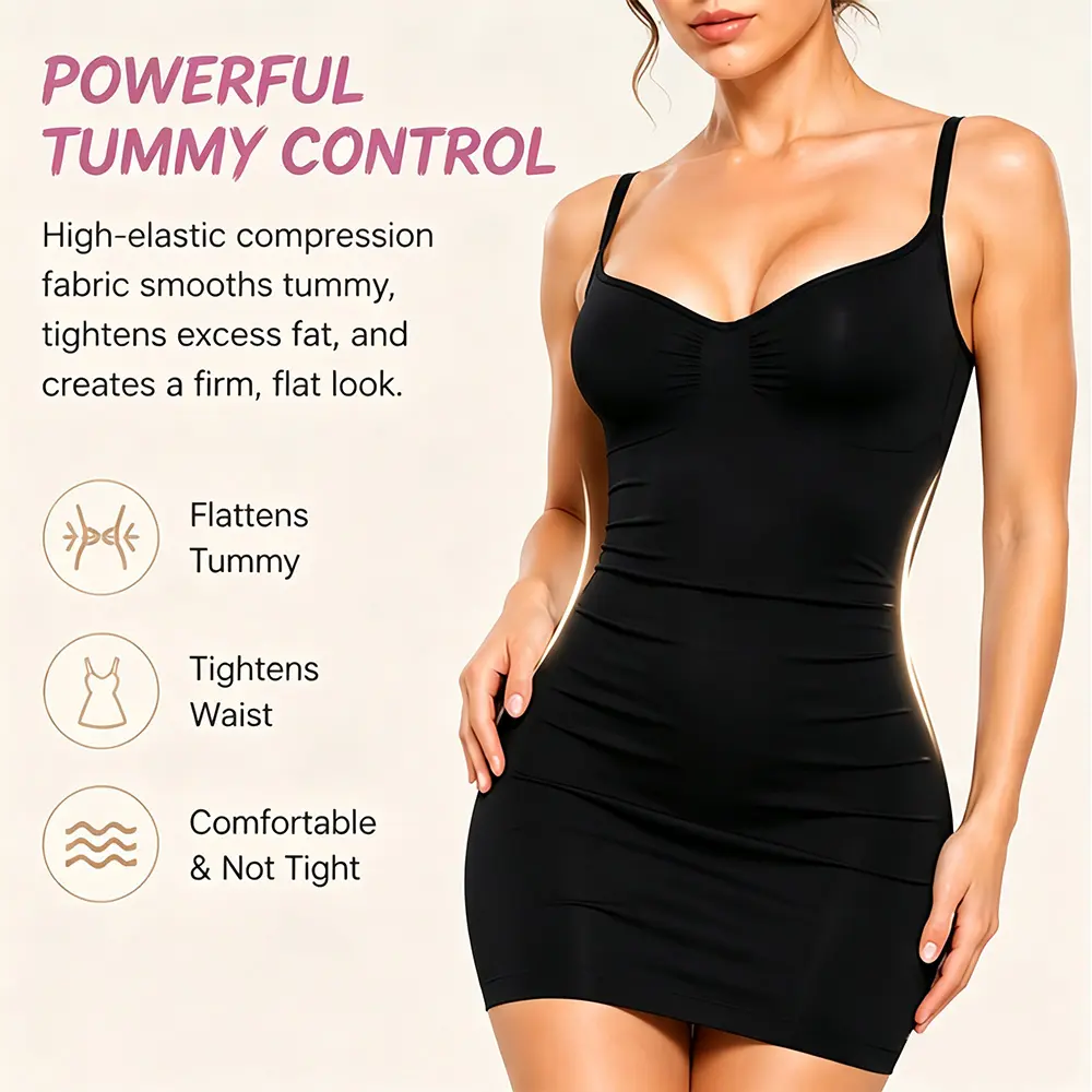 Women's Lady Basic Clothes Summer Exclusive Seamless Tummy Control Bodycon Dress - Booty Lift Compression Shaper, Adjustable Straps, Mid-Thigh Solid Color Slip, Curve-Hugging Firming Shapewear Minimalist Womenswear